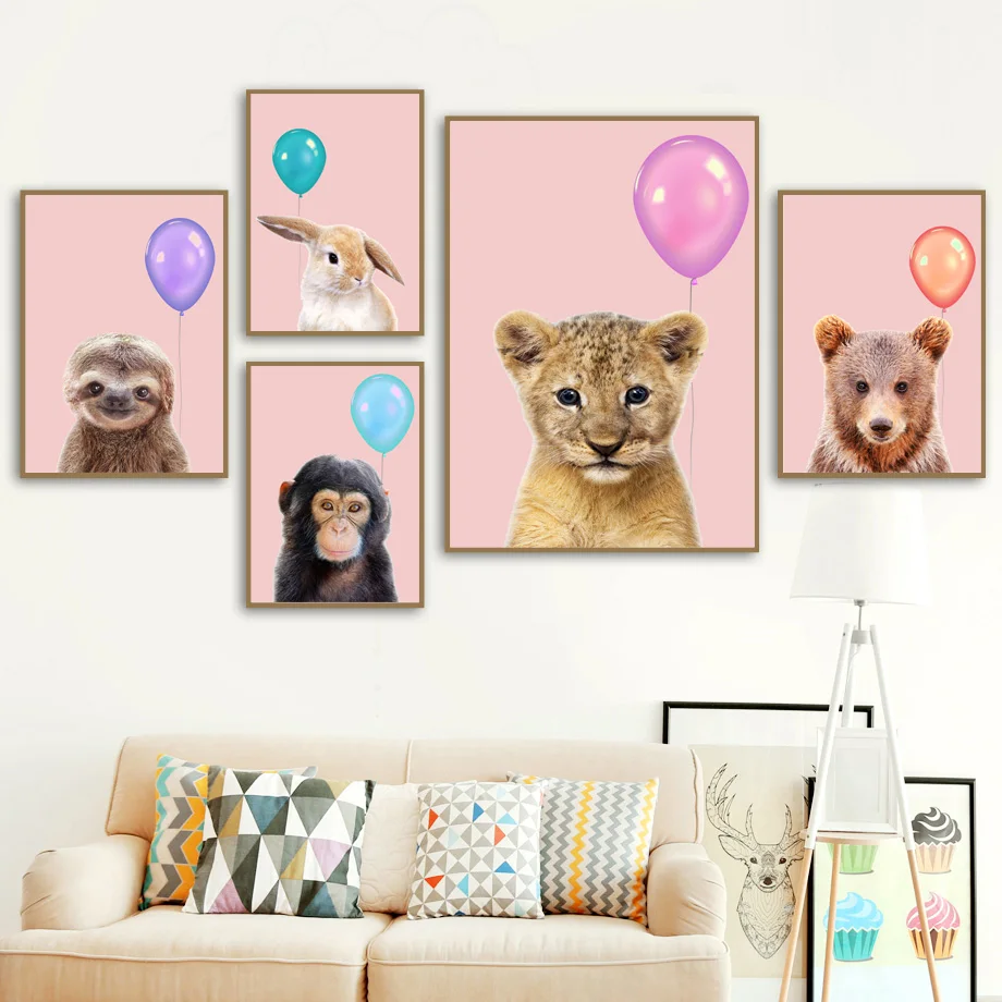 

Rabbit Bear Lion Sloth Pink Balloon Wall Art Canvas Painting Nordic Posters And Prints Wall Pictures Kids Room Nursery Decor