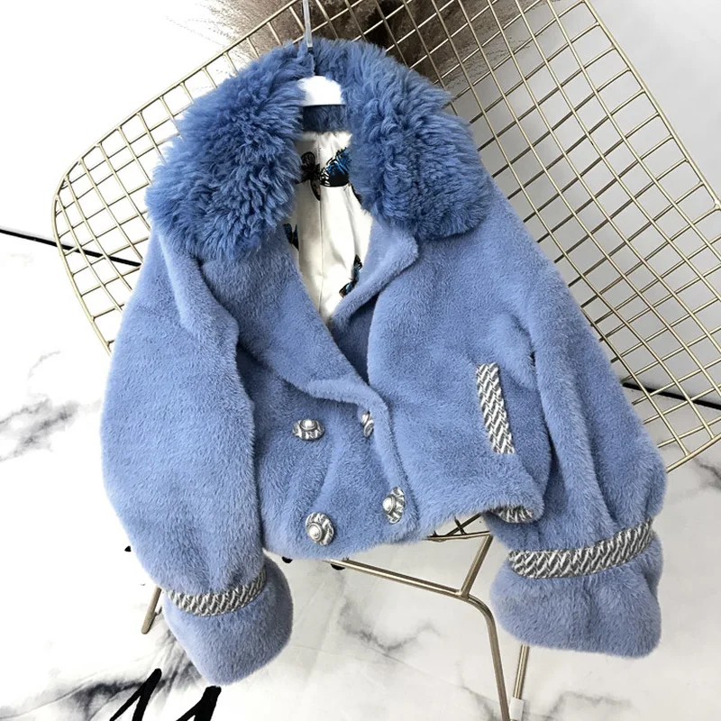 OFTBUY 2018 натуральный мех пальто зимняя куртка женская парка синее шерстяное из