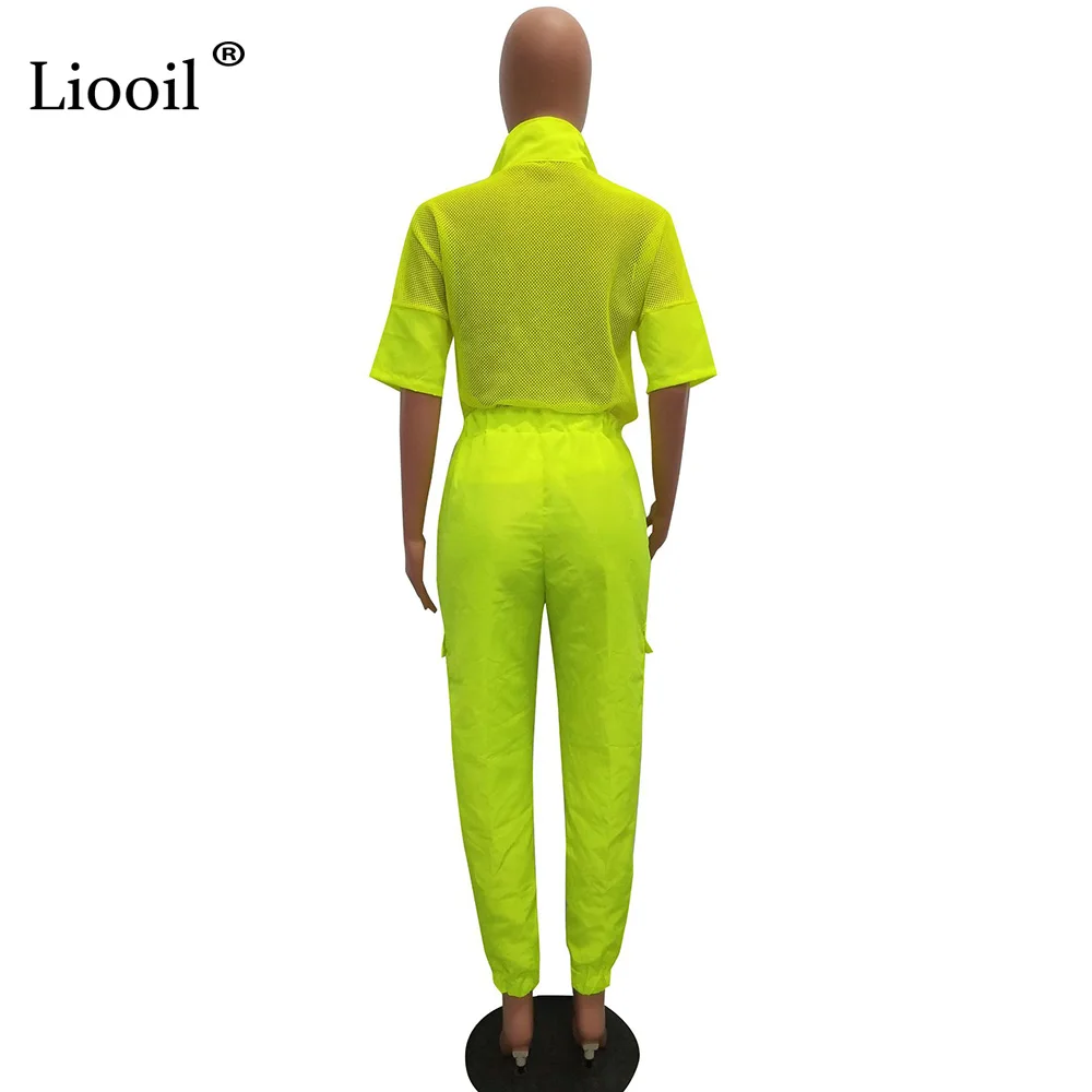 Liooil неоновый зеленый комплект из двух частей для активного отдыха, женский укороченный топ и длинные штаны,, модная новая сексуальная летняя Клубная одежда, спортивный Спортивный костюм
