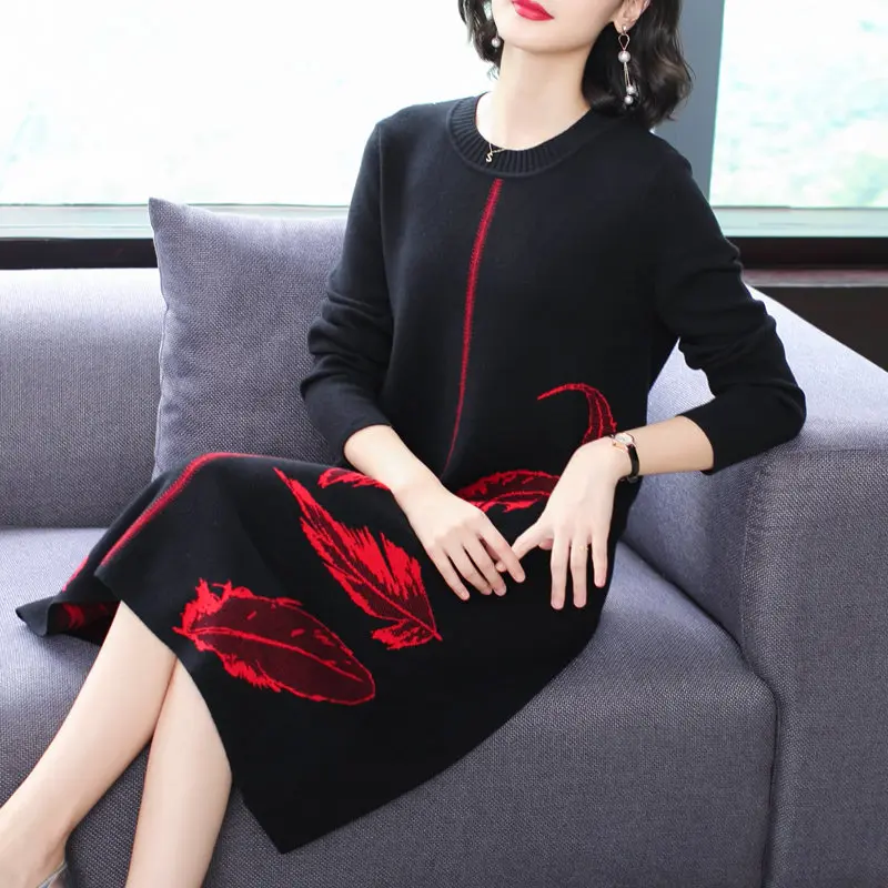 

Autumn Winter Print Knitted Sweater Dresses Women Fashion Loose O-neck Pullover Female Knitted Dress Plus Size Vestidos Feminino