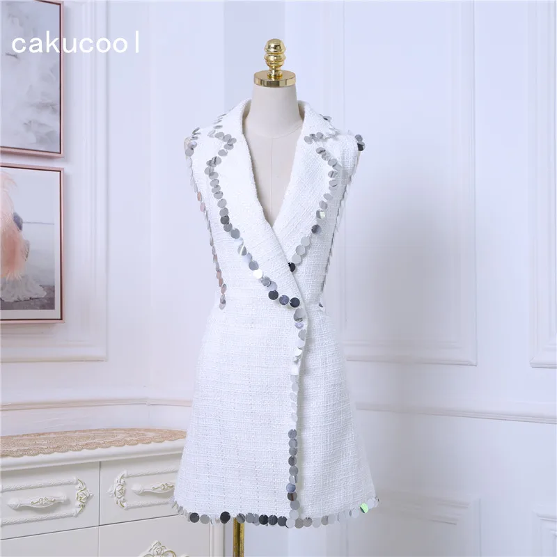 Cakucool Women Sequins Vest Autumn Wool Blend Turn-down Collar Formal Office Lady Waistcoat Slim Sleeveless Jacket Female White Cakucool Women Sequins Vest Autumn Wool Blend Turn-down Collar Formal Office Lady Waistcoat Slim Sleeveless Jacket Female White