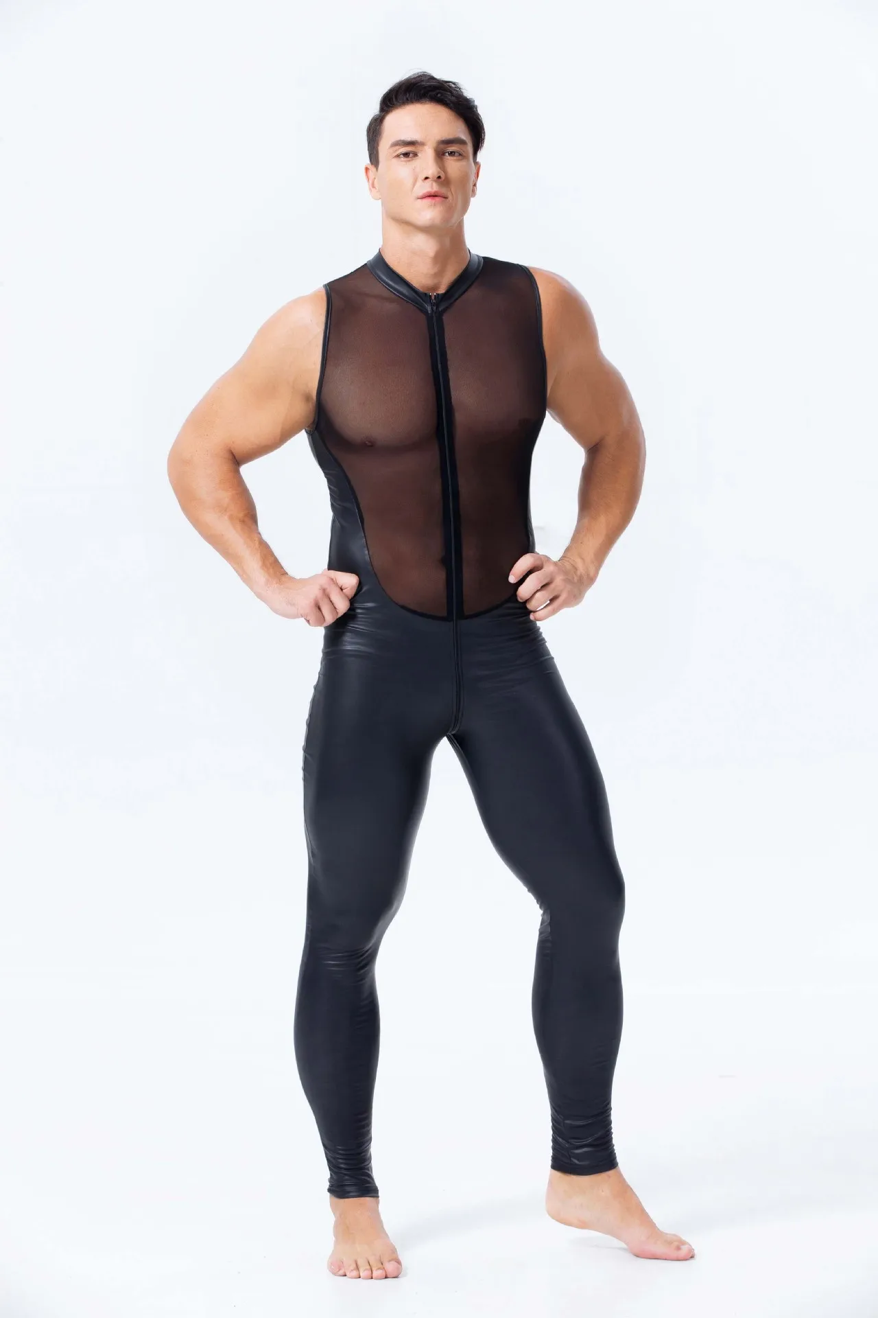 Горячая Экзотическая одежда для мужчин мокрого вида сексуальные длинные штаны с коротким рукавом облегающий кожаный мужской сетчатый боди гей костюм размера плюс S-XXL