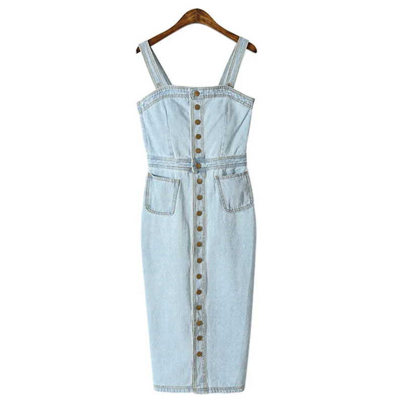 

2018 Summer Women Denim Dress Sundress Off Shoulder Strap Denim Overalls Female Sexy Bodycon Dress single-breasted Jeans Dress