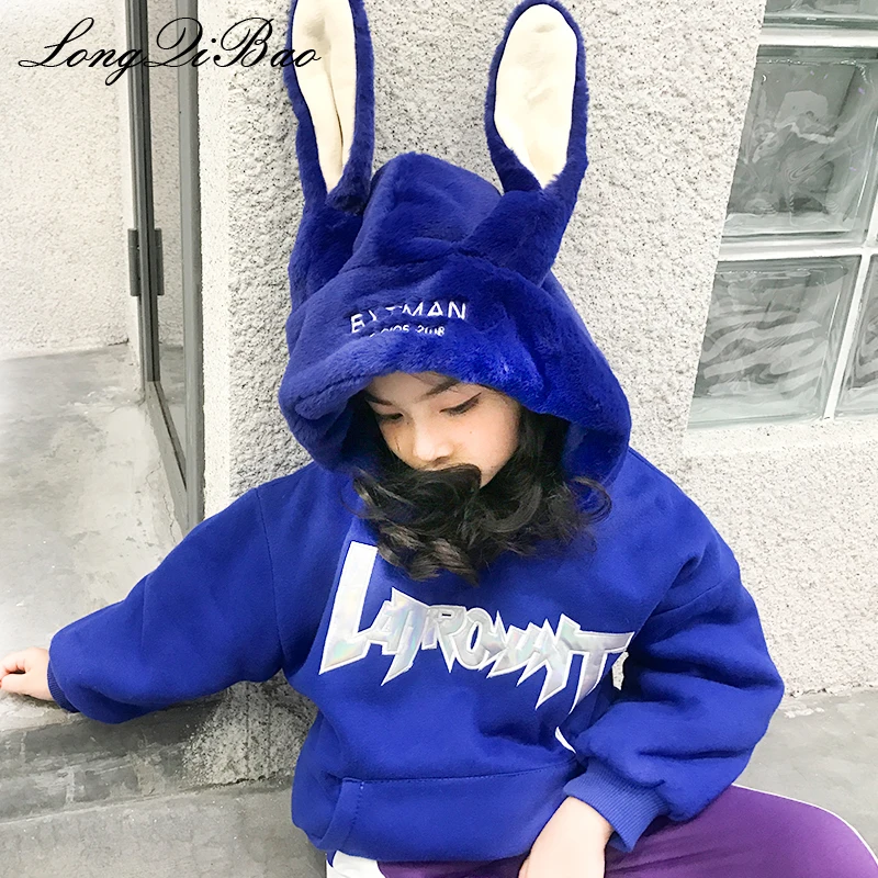 

Girls plus velvet rabbit ears sweater 2018 winter new big children children Korean version of the loose hooded long-sleeved shir