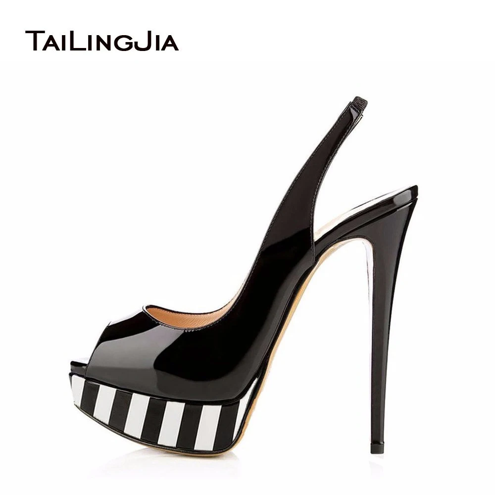 comprar Peep toe Plataforma De Salto Alto para As Mulheres Preto Brilhante Nu Leopardo vermelho Slingbacks Sexy Sandália Bombas Bonitos Extremamente Alta Vestido sapatos