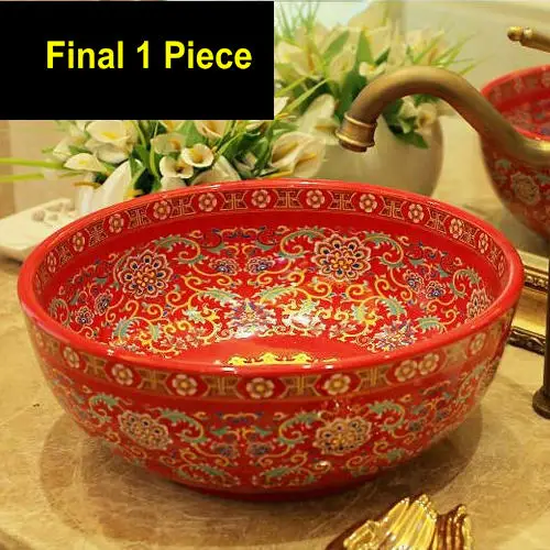 

Europe Vintage Style Art Porcelain Red Countertop Basin Sink Handmade Ceramic Bathroom Vessel Sinks Vanities
