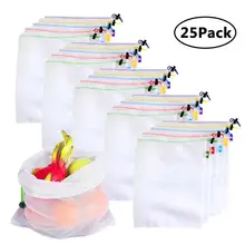 25 шт./лот многоразовые сетчатые сумки для производства моющиеся экологически чистые сумки для хранения продуктов, фруктов, овощей, игрушек, мелочей