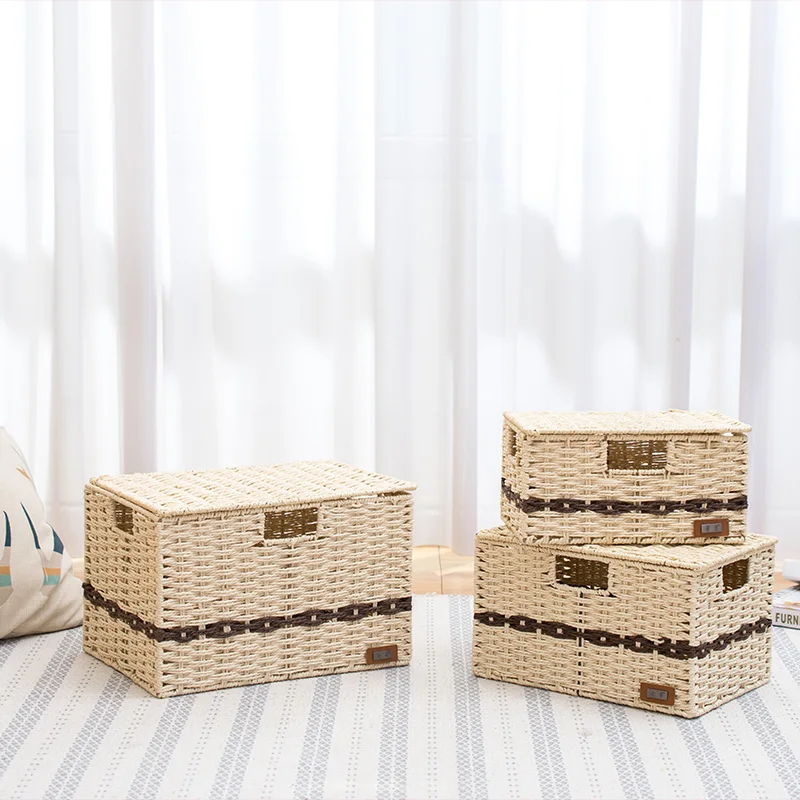 

Straw baskets organizer with lid for storage of toy unique dust proof paper rattan weaving fruit basket desk storage bread boxes