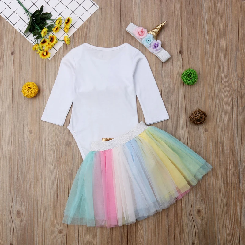 Pudcoco/комплект для девочек от 0 до 24 месяцев, топы с единорогом на первый день рождения для маленьких девочек, комбинезон, фатиновое платье-пачка, юбка, наряды