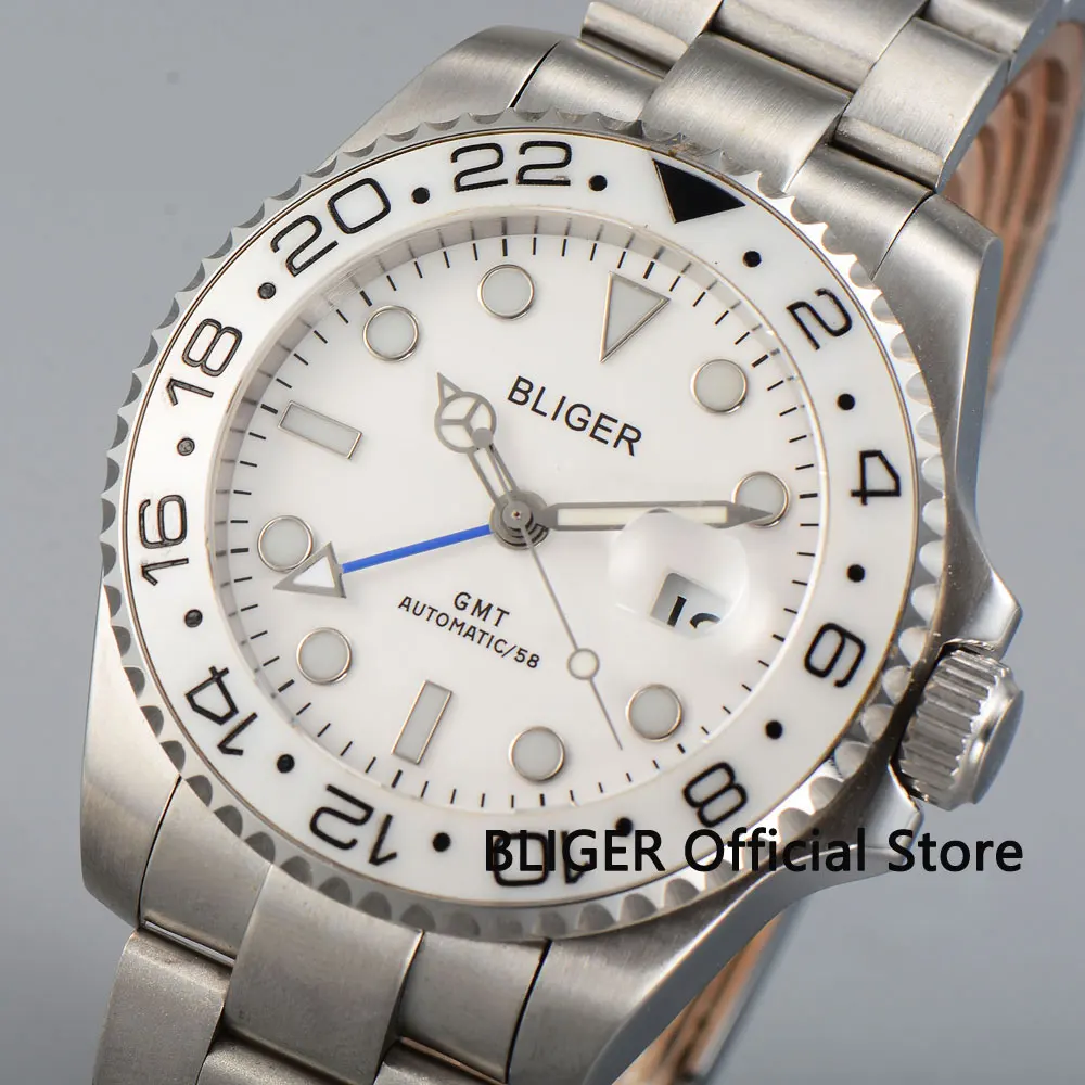 

Solid Bliger 43mm white dial ceramic bezel GMT function luminous marks silver color case automatic movement men's wristwatch B26