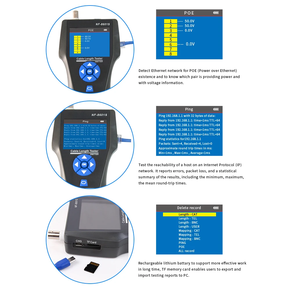 KKMOON RJ11 RJ45 измерительный прибор tdr сетевой тестер для проверки кабелей LAN длина кабеля телефонный трекер POE/PING детектор напряжения NF-8601S