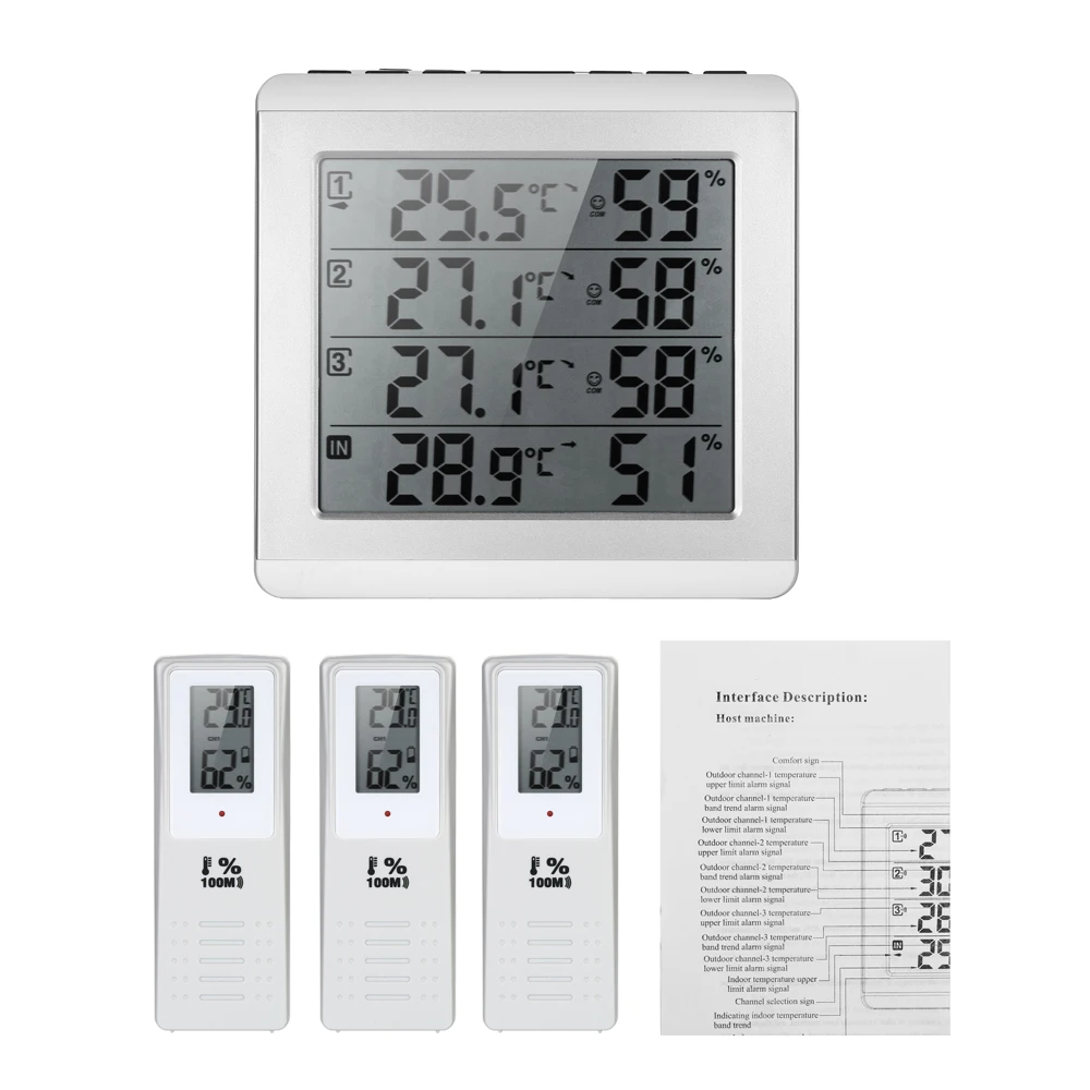 

LCD Digital Wireless Indoor/Outdoor Thermometer Hygrometer Four-channel Temperature Humidity Meter with 3 Outdoor Transmitter
