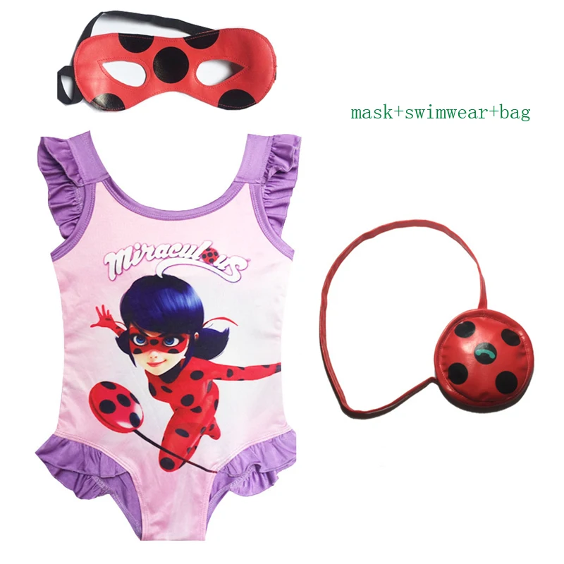 

2018 Kids Character Moana Ladybug Baby Girls Children Swimming Costume Bathing Swimsuit Swimwear Bikini+mask+bag 3pcs set