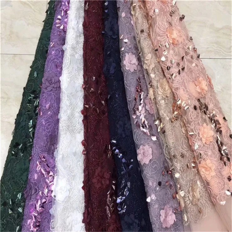 

Latest High Quality African Tulle Lace Fabric 3D Flowers Sequins With 3d sequins French Net Lace For Wedding Dress