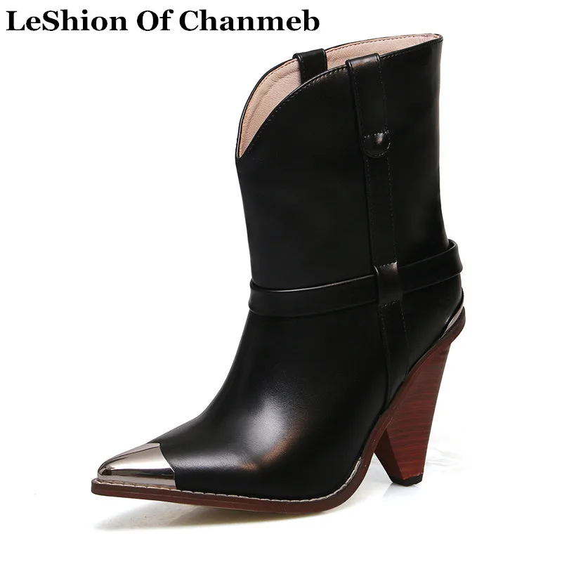 

high quality soft real cow leather western boots for women retro style metal cap chunky spike heels cowgirl cowboy boots Shoes