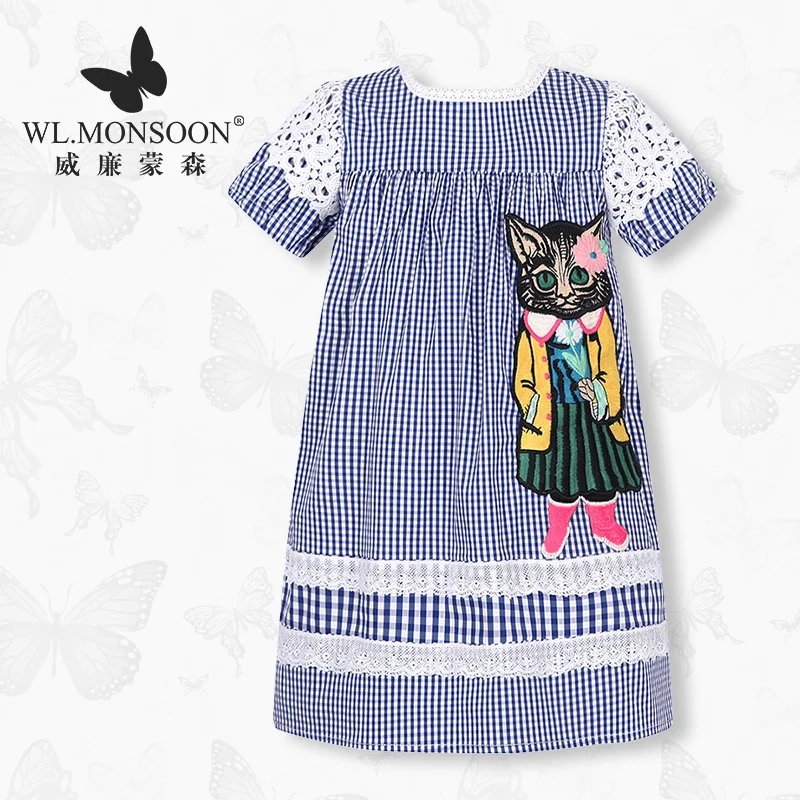 

European and American children's clothing summer new fashion cat plaid dress children's princess dress in the big girls dress