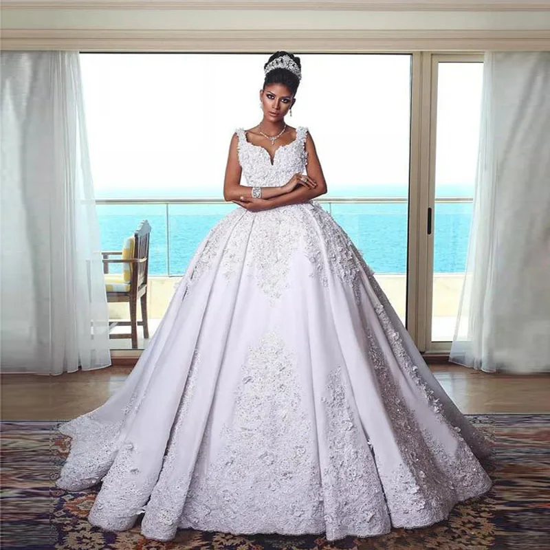 Luxury Lace Ball Gown Wedding Dresses With Sequin Appliqued Plus Size Wedding Dress Spaghetti V Back Saudi Arabic Bridal Gowns299