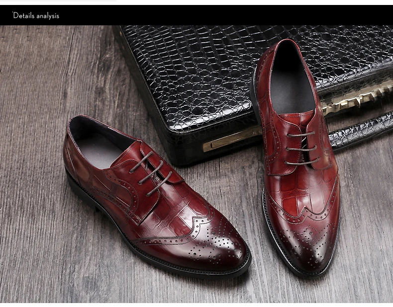 Men's Wedding Dress Shoes Casual Crocodile Genuine Leather Pointed Toe Oxfords Shoes Bussiness Brogues Shoes Moccasins For Men (8)