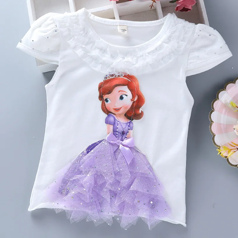 Летняя футболка принцессы для девочек Детские хлопковые футболки с изображением Эльзы и Анны, кружевная футболка детская одежда с короткими рукавами и 3D-принтом для дня рождения - Цвет: B