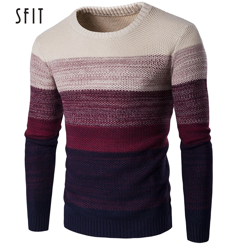 

SFIT Autumn Winter Brand Men Sweater O-Neck Striped Slim Men Casual Long Sleeve Patchwork Pollover Sweaters Mens Thin Clothes