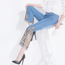 Весна-лето, женские джинсовые брюки с блестками, черные, синие, с кружевом, с вышивкой, женские осенние джинсовые брюки с вышивкой