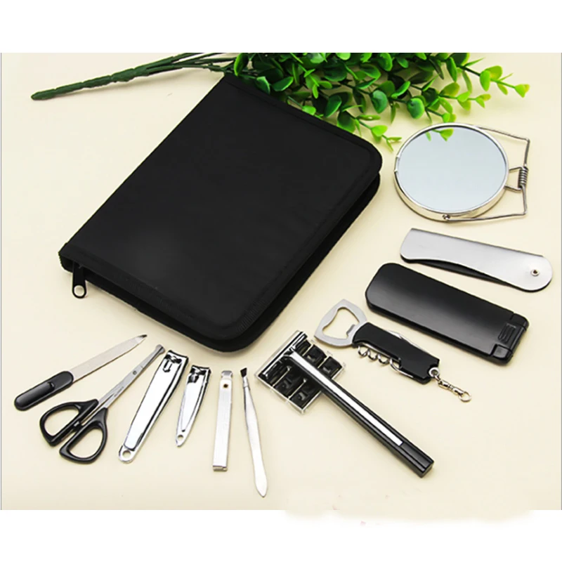 Big Men Boy Gift Travel Professional Nail Manicure Set Grooming Kit Include Nail Clipper Tweezer Mirror Nail File Razor Scissor