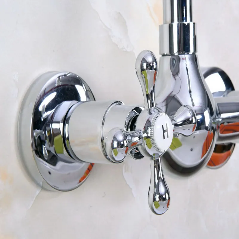 Polished Chrome Brass Wall Mounted Double Cross Handles Bathroom Kitchen Sink Faucet Mixer Tap Swivel Spout anf968