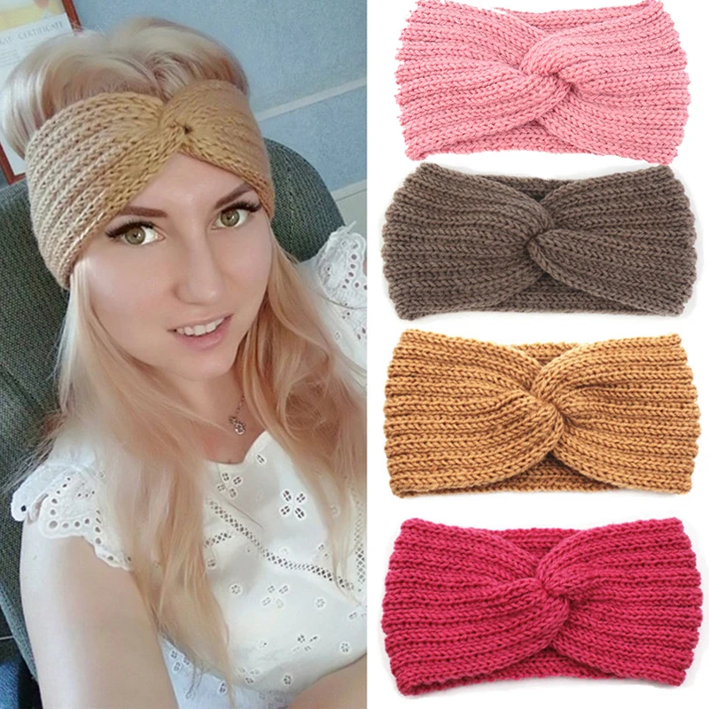 Womens Plus Cashmere Weaving Wool Crochet Headband Girls Hair Band Knit Headwear 