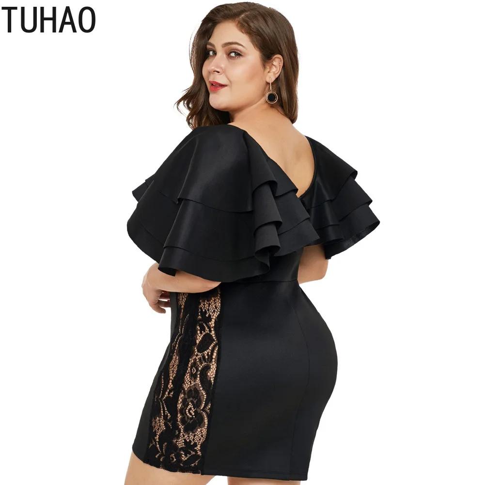 

TUHAO 2019 Spring Summer Elegant Party Dresses Plus Size 5XL 4XL 3XL Black Ruffles Sleeve Lace Hollow Out Woman Dress Night DLM