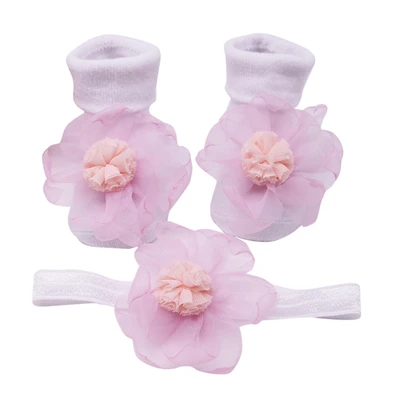 Розовый Infant Baby Girls Infant Solid Color Lace Flower Applique Anti-slip Terry Socks For Girl+ Floral Hair Belt Set 0-2 Years A20 - Цвет: Розовый