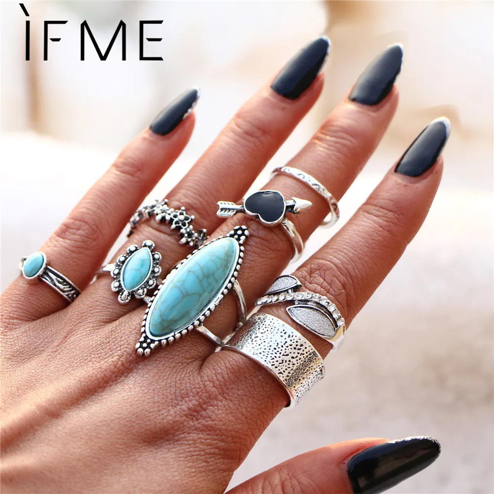

IF ME Bohemian Ring Sets for Women Vintage Silver Color Arrow Heart Big Blue Stone Flower Shield Rings Finger Jewelry 2018 New