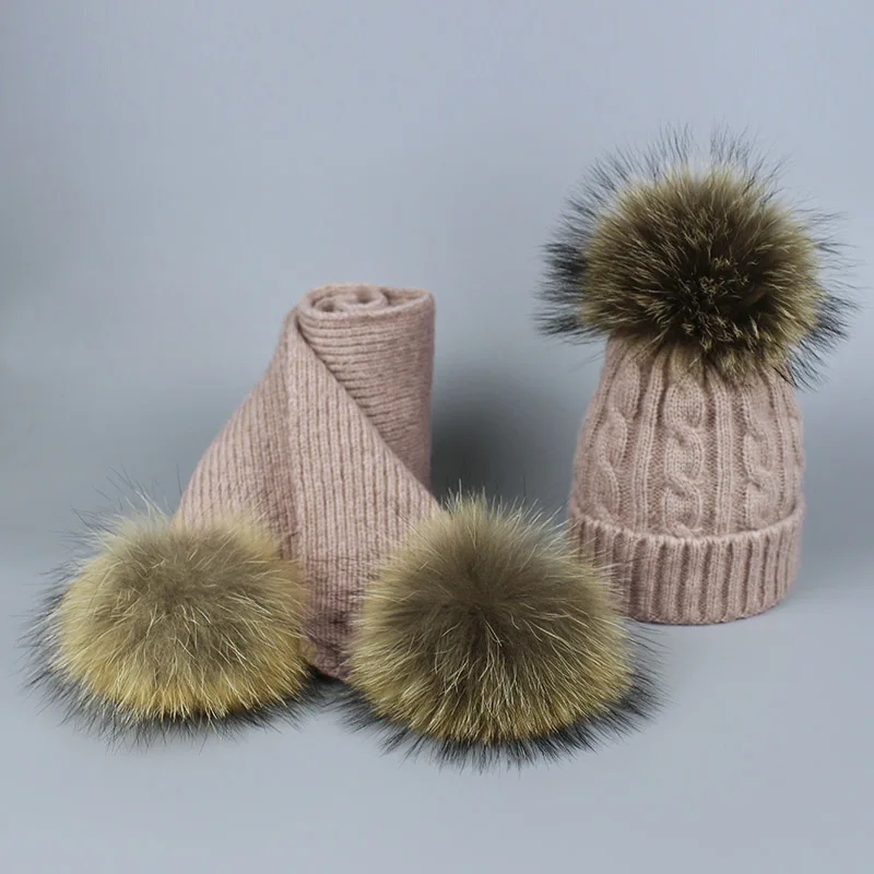 Комплект из 2 предметов, детская зимняя шапка, шарф Skullies для девочек, натуральный мех енота, помпоны, детские шапки, вязаная зимняя шапка - Цвет: D