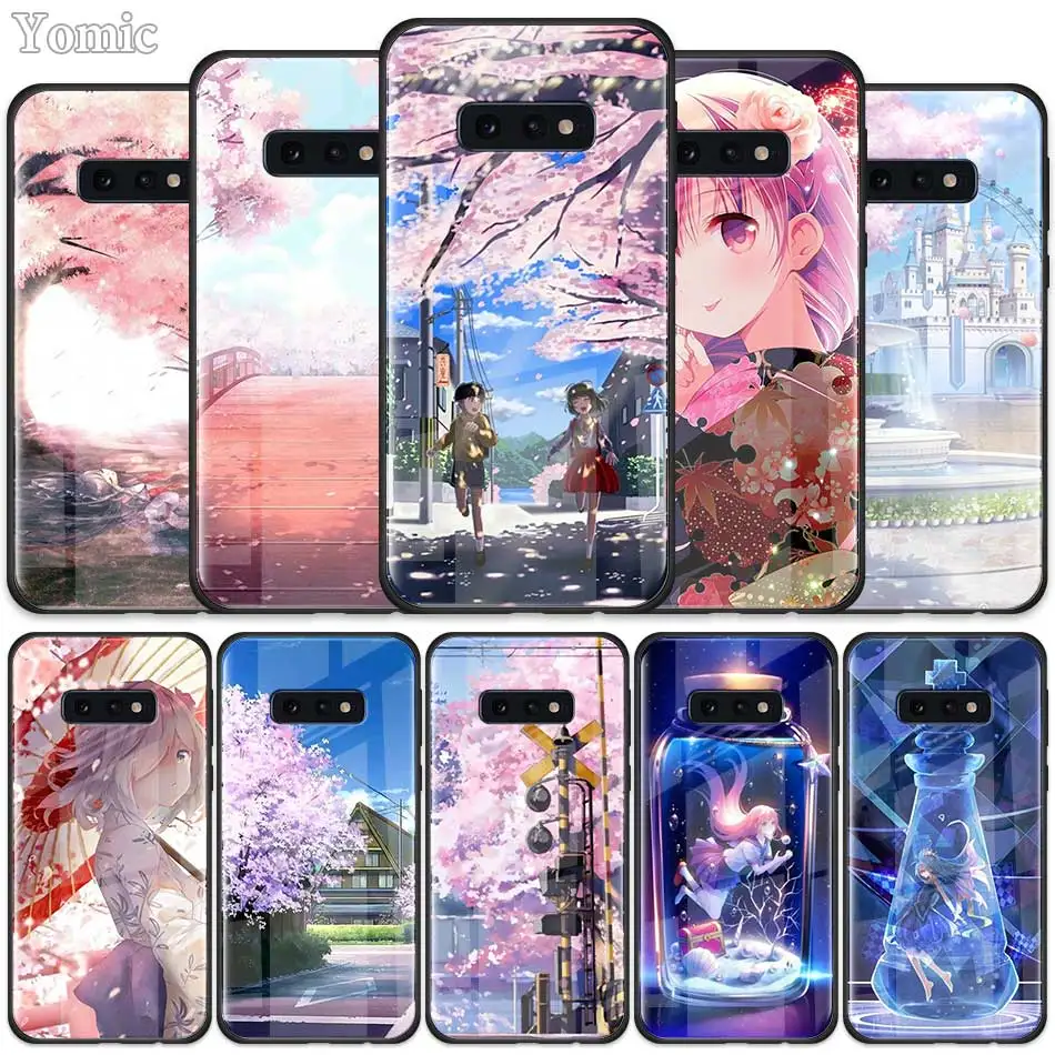 

anime Cherry blossom girl Tempered Glass Case for Samsung Galaxy S10 S10e S9 S8 S10 Plus Note 9 A50 A30 Phone Cover Shell