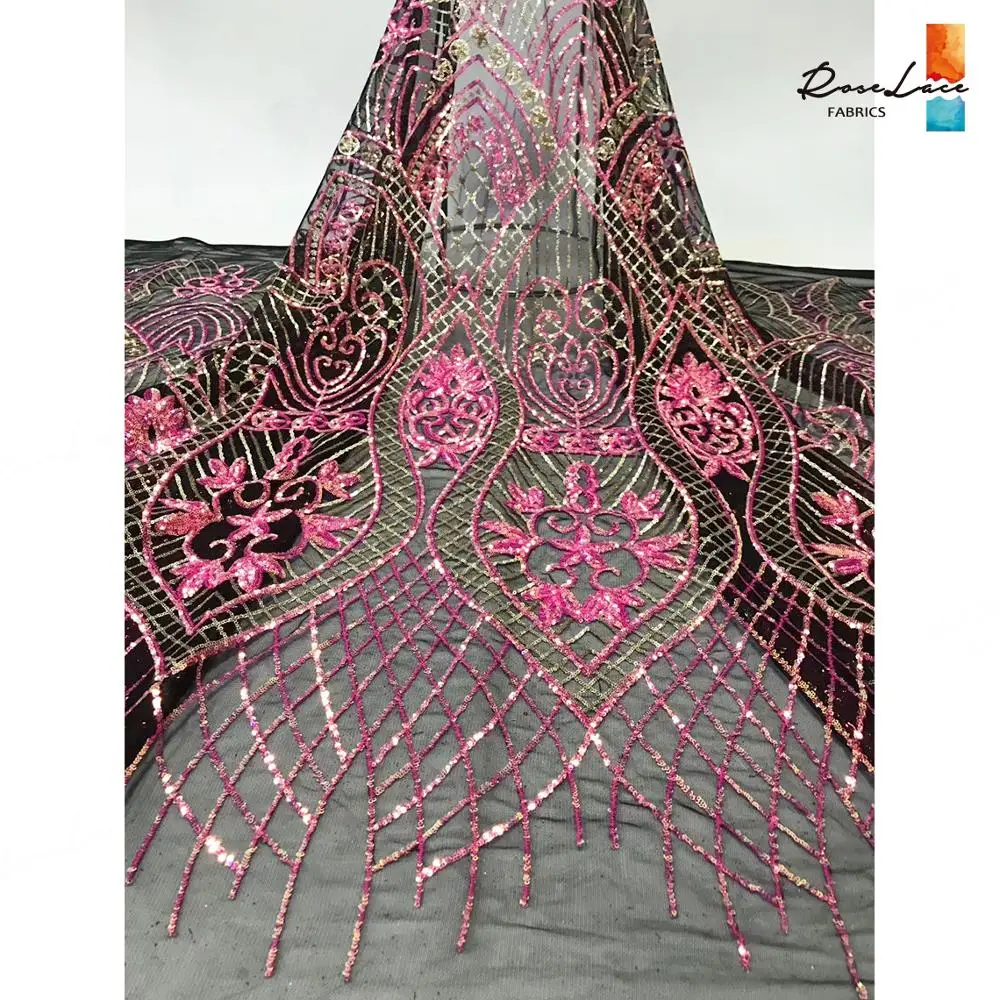 

French Sequins Mesh Net Lace Fabrics Rose Red Color Sequined Embroidered African Tulle Laces Material For For Party Dress Sewing
