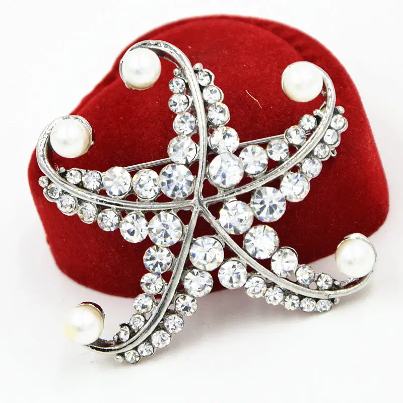 Fancy Stunning Crystal Star Brooch High Quality Imitation Pearl Lovely