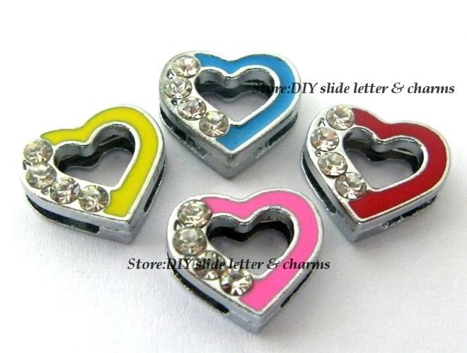 

New Style Mix Color With Rhinestone Heart Slide Charms Can Via 8mm DIY Petcollars Wristband 5pcs
