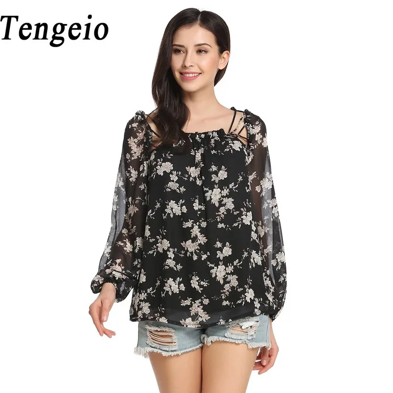 Tengeio Floral Print Chiffon Long Shirt Women Lantern Long Sleeve Top Women Shirt Blouse Lace Up