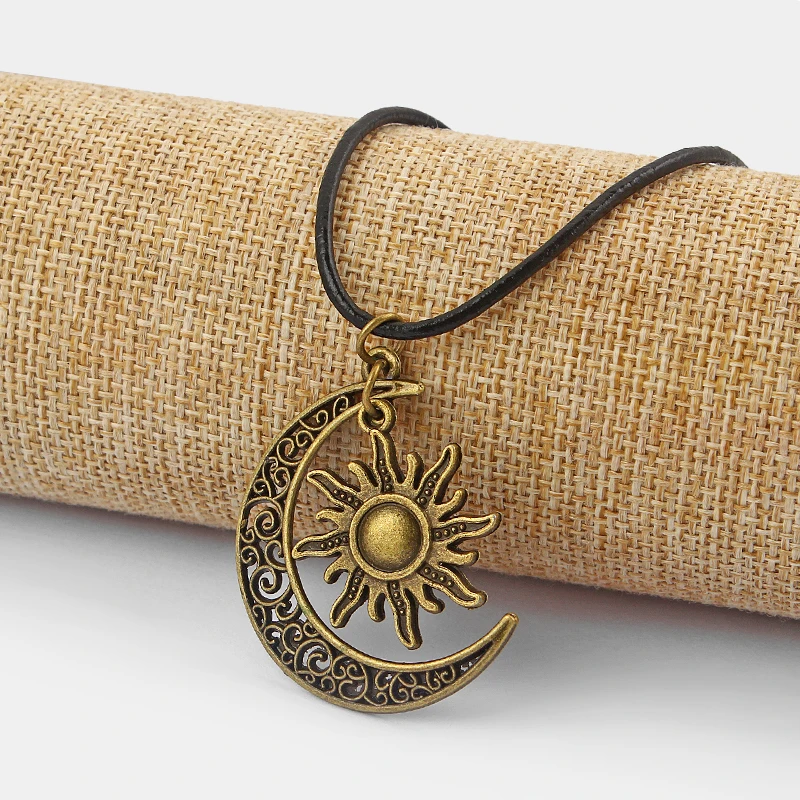 1pcs Antique Crescent Moon/Sun Charm Pendant Real Leather End Lobster Clasp Necklace For Boho Hippy 18″+2″Chain