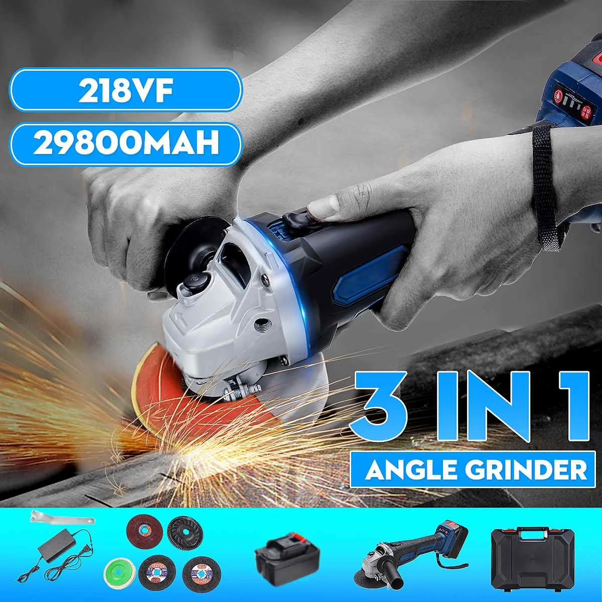 

Rechargeable Cordless Brushless Electric 218VF 29800mAh Angle Grinder with 5pcs Polishing Ginding Cutting Disc for Woodworking