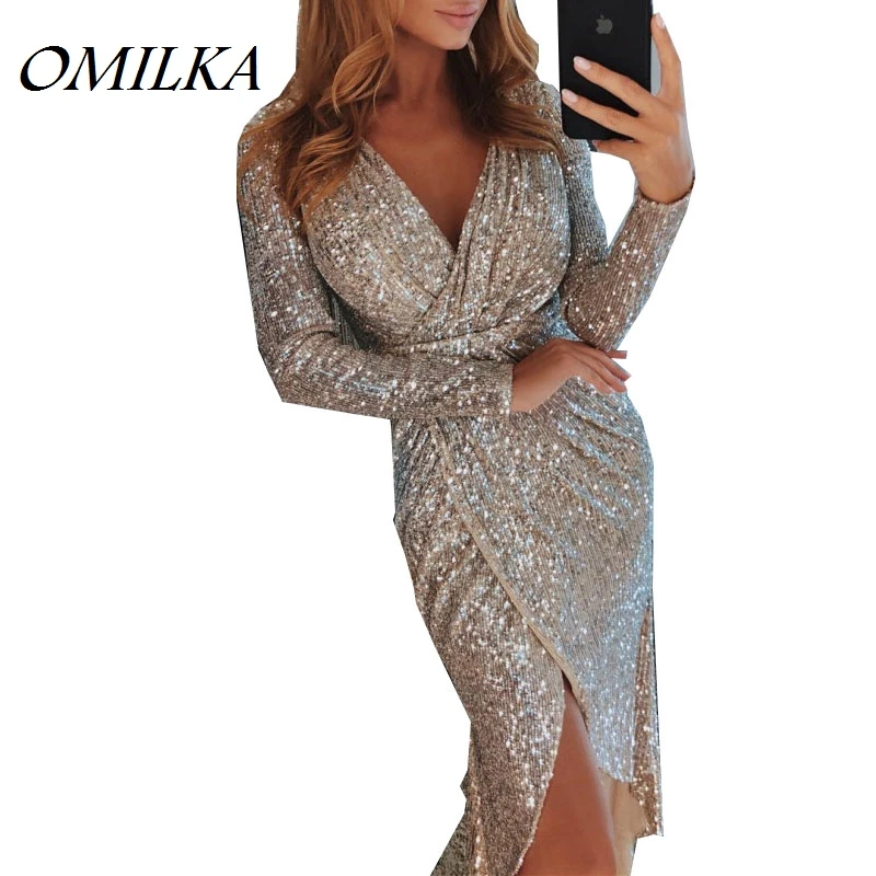 

OMILKA Sequin Bandage Dress 2018 Autumn Winter Women Long Sleeve V Neck Split Shiny Bling Sexy Club Party Midi Vestidos Feminino