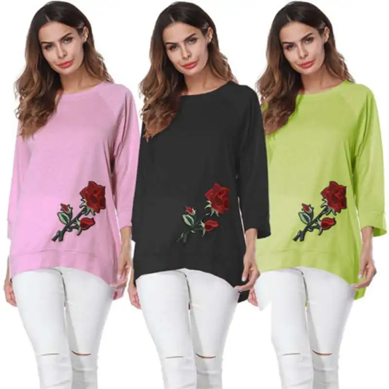 UK Womens Rose T Shirt Casual Long Sleeve Shirt O Neck