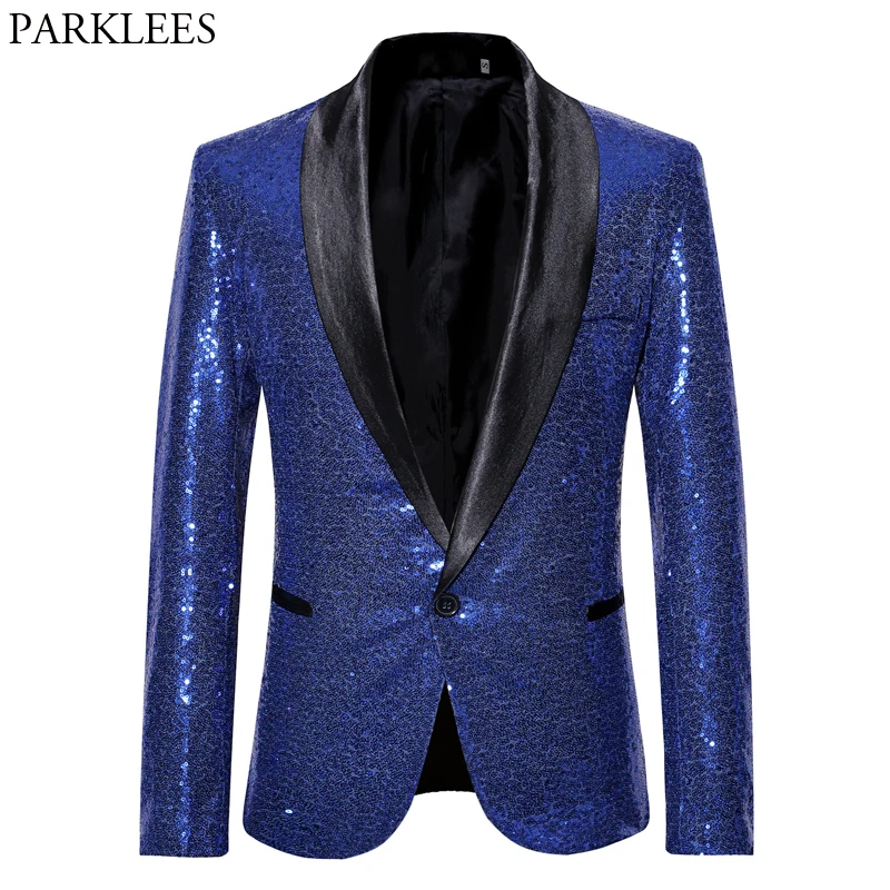 

Royal Blue One Button Shawl Collar Sequin Suit Jacket Men Nightclub Party Prom Suits&Blazer Mens DJ Stage Clothers for Singers