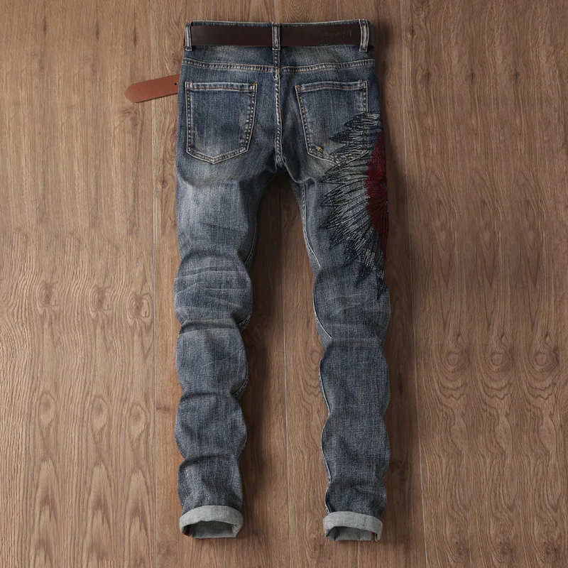 Cotton Embroidery Straight Men Jeans Trousers Slim Appliques Stonewashed Zipper Fly Full Length Fear Of God Mens Biker Fashion 