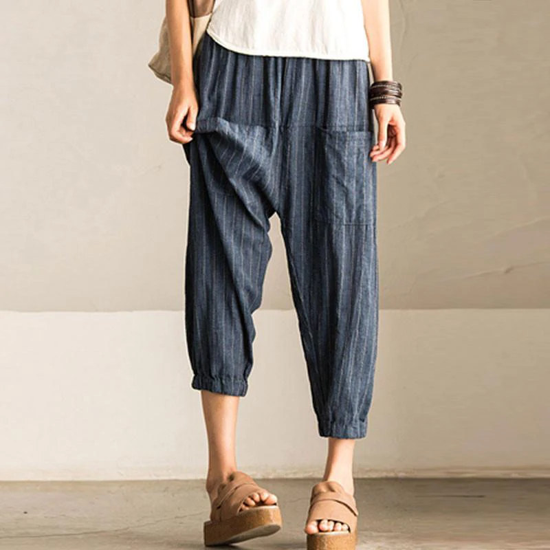 Летние модные женские полосатые штаны ZANZEA, повседневные штаны-шаровары с высокой эластичной талией, длинные панталоны для женщин, брюки размера плюс