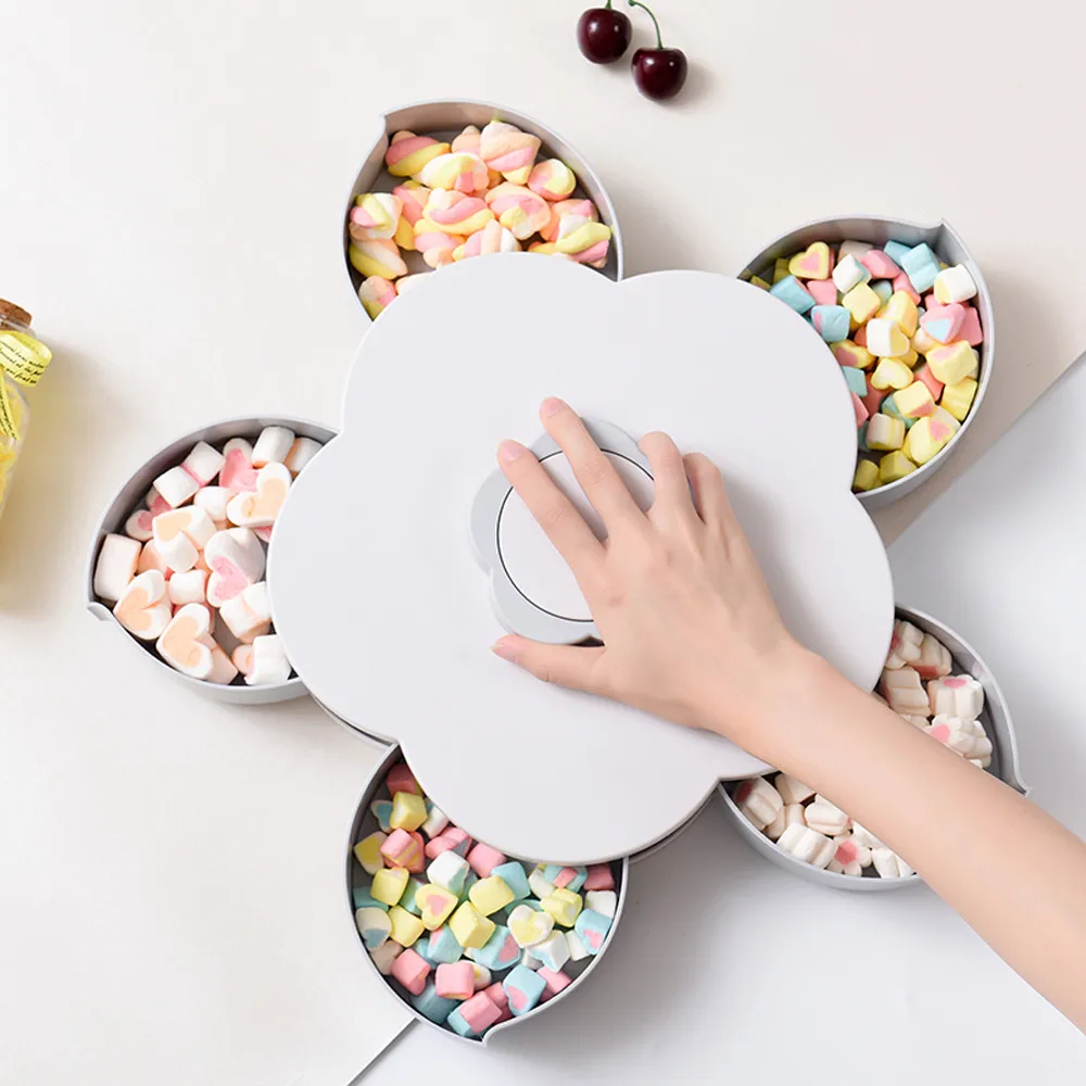

High Quality Plum Type Five Grid Snacks Dried Fruits Petal-shaped Rotary Switch Storage Box