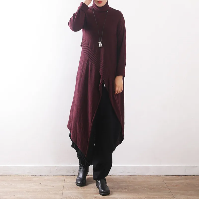 

Women Irregular Turtleneck Knitting Artist Dress 2018 Autumn Winter New Casual Long Sleeve Pullover Loose Brief Robe Dresses
