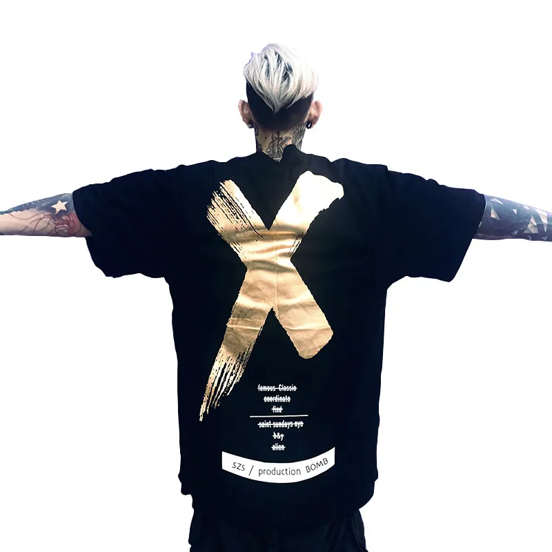 

Oversize Tshirt Gold/White X Cross Letter Print Black T shirt Streetwear Brand Clothing Hip Hop Swag Short Tshirt Men Asian size