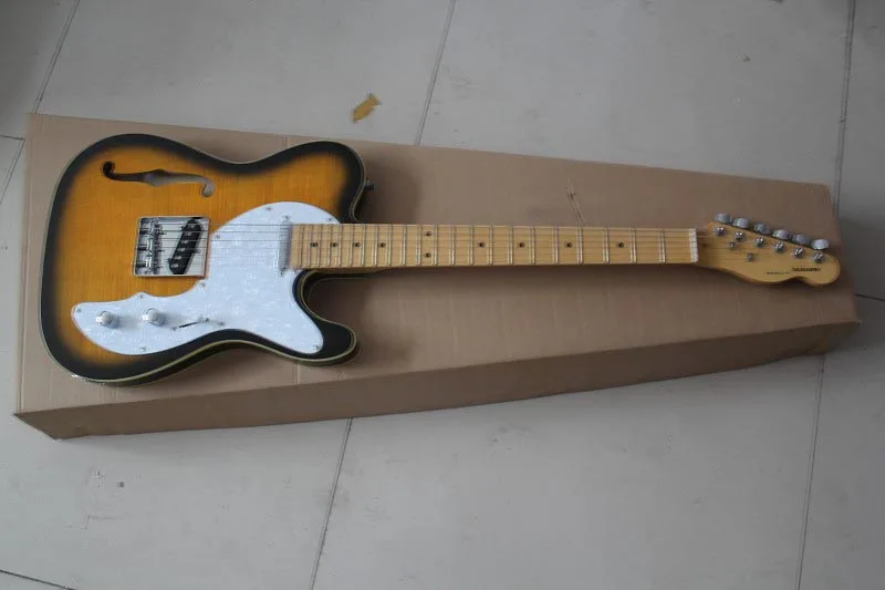 

High quality New style 6 strings Semi-Hollow Telecaster Double bread edge TELE sunburst yellow electric guitar 15-9