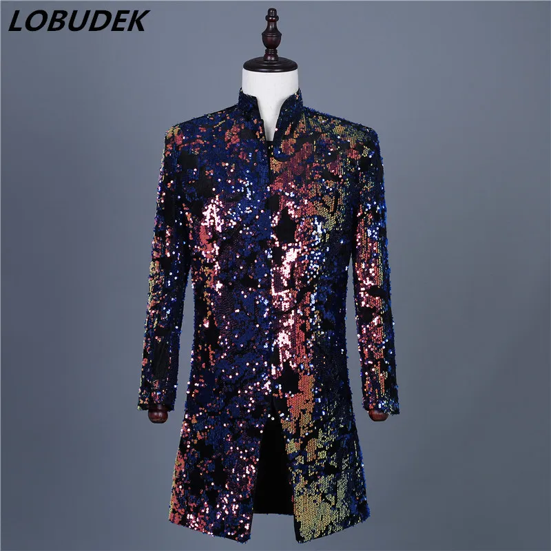 

Men Colorful Flipping Sequins Suit Jacket Stage Costume 2019 New Male Slim Long Coat Nightclub Bar DJ Singer Presenter Tuxedo