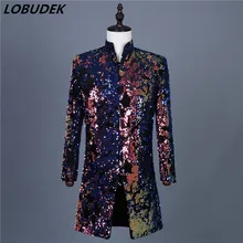 Мужской красочный флиппинг костюм с пайетками куртка сценический костюм Новое мужское изящное длинное пальто для ночного клуба, бара, DJ Singer Presenter Tuxedo